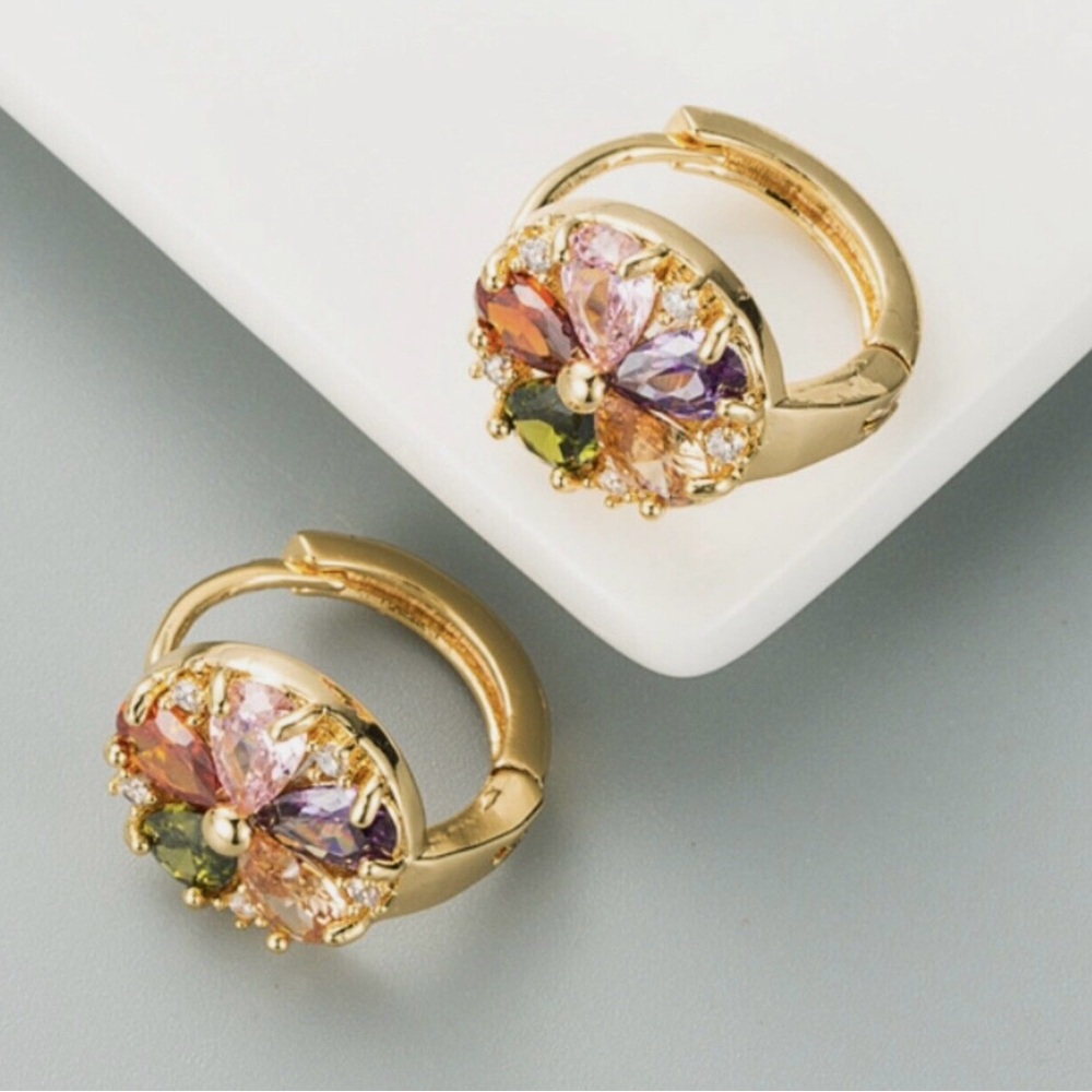 Flower Earrings Zirconia 18k Plated Women’s Autumn Multicolor - Picture 2 of 4